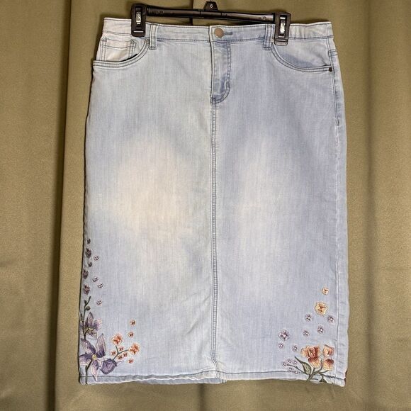 Christopher Banks Jean Skirt 12 Light Denim Floral Embroidered Midi Skirt Modest - Picture 1 of 7